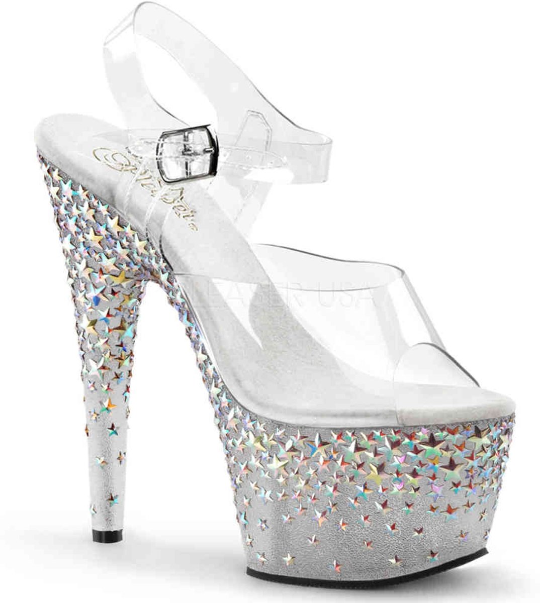 EU 36 = US 6 | STARSPLASH-708 | 7 Heel, 2 3/4 Ankle Strap Sandal w/Holo Stars